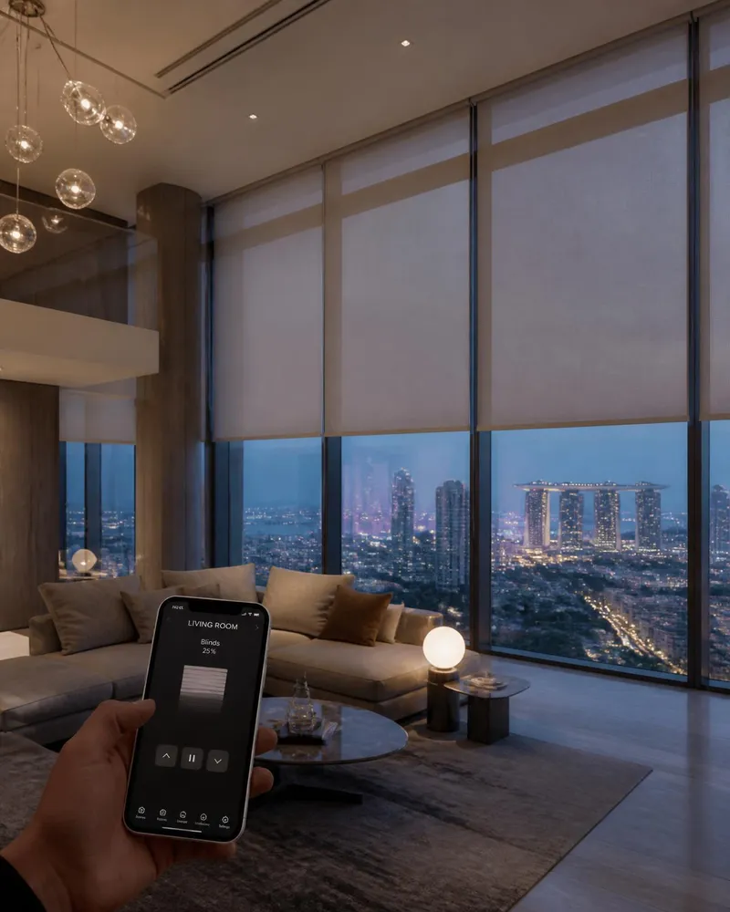Motorised Blinds for Malaysia — smart motorised roller blinds controlled by a phone app in a penthouse at dusk
