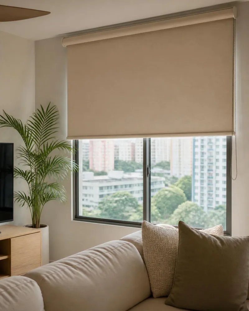 Roller Blinds for Malaysia — beige fabric roller blind with cassette headrail half-lowered over a living-room window