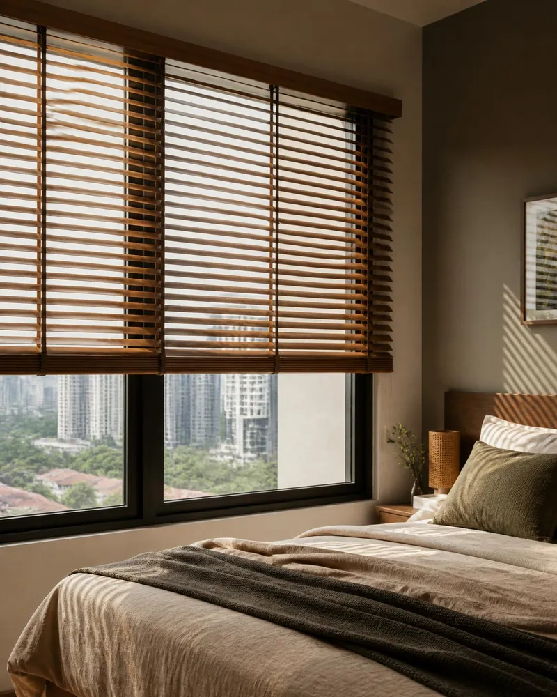 Venetian Blinds for Malaysia — real-wood venetian blinds with horizontal slats tilted open in a bedroom