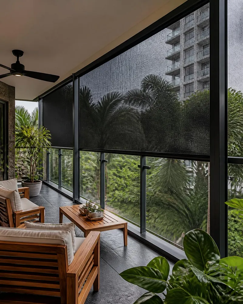 Zip Track Blinds for Malaysia — zip track outdoor blinds with mesh fabric held taut in side aluminium tracks on a tropical balcony