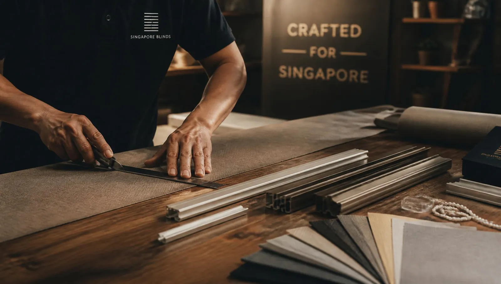 Craftsman measuring and cutting premium blind fabric on a workbench in a Singapore workshop, with aluminium blind components and fabric swatches laid out