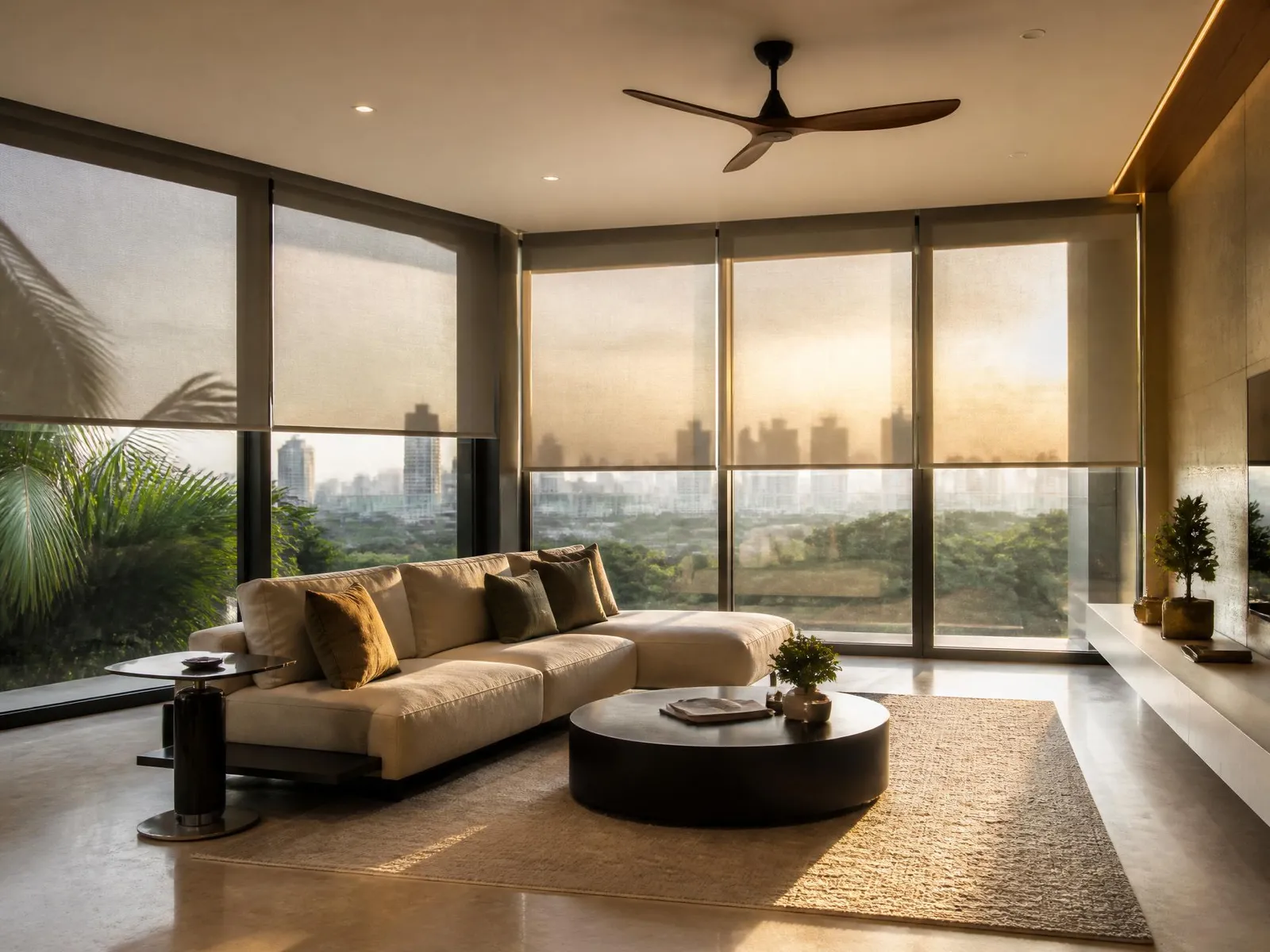 Modern Malaysia living room with floor-to-ceiling windows dressed in custom motorised roller blinds at golden hour